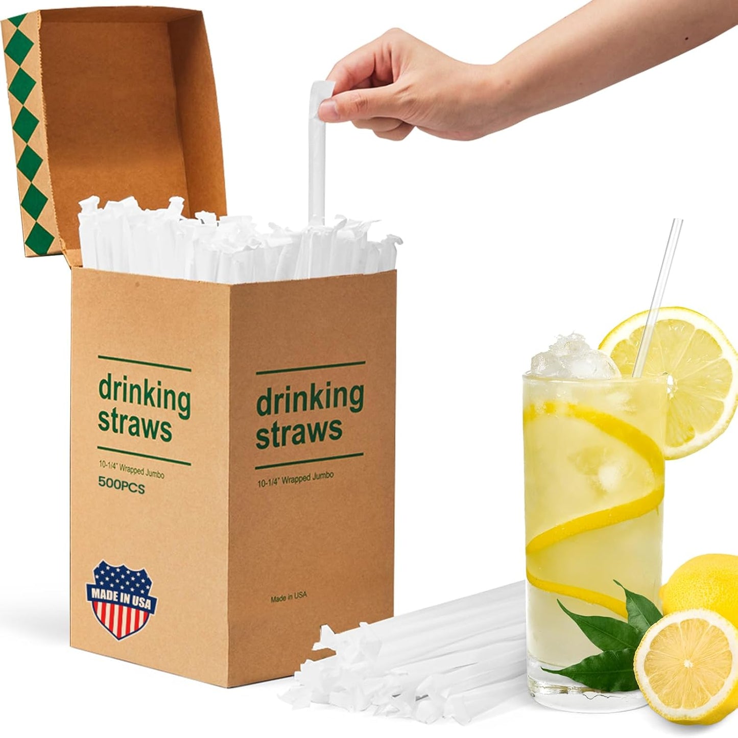 Plastic Straws [500 Pcs-10.2" Long] Individually Wrapped Clear Disposable Drinking Straws - Made in USA - Straight Long Straws for Party, 0.23'' Diameter