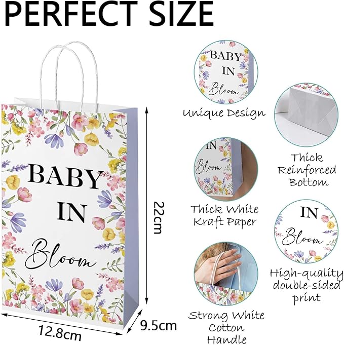 wjrsxilt 16Pcs Bloom Wildflower Gift Bag for Girls,Baby In Bloom Decorations，Gender Reveal Gift Bag，Boho Sweet Baby 1st Birthday Party Supplies, Floral Paper Gifts Bag with Handle 8.6 * 5 * 3.7inch
