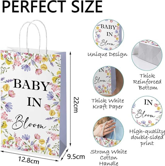 wjrsxilt 16Pcs Bloom Wildflower Gift Bag for Girls,Baby In Bloom Decorations，Gender Reveal Gift Bag，Boho Sweet Baby 1st Birthday Party Supplies, Floral Paper Gifts Bag with Handle 8.6 * 5 * 3.7inch