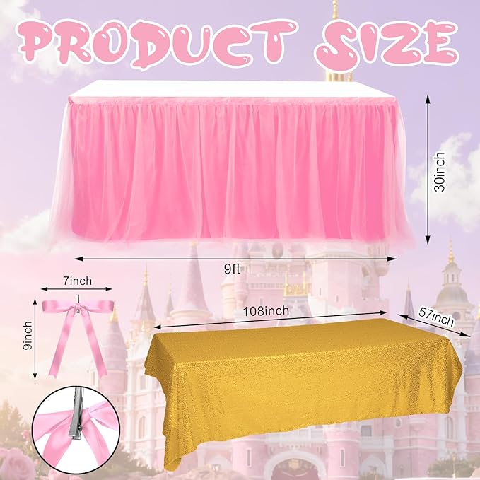 5 Pcs Fairytale Themed Party Table Cover Pink and Gold Sequin Tulle Table Skirt 30 x 108 Inch Century Slumber Fantasy Cloth for Birthday Party Decor Supplies