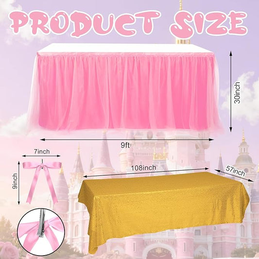 5 Pcs Fairytale Themed Party Table Cover Pink and Gold Sequin Tulle Table Skirt 30 x 108 Inch Century Slumber Fantasy Cloth for Birthday Party Decor Supplies