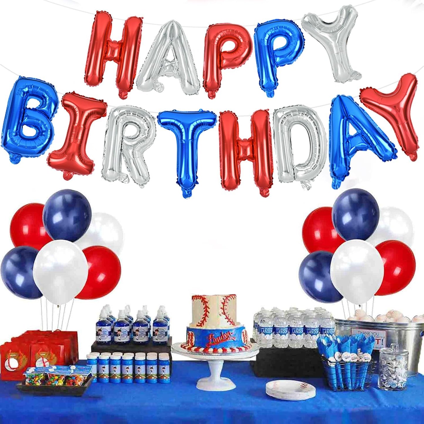 TONIFUL Happy Birthday Balloons Banner 16 Inch Mylar Letters Birthday Sign Banner Balloon Bunting Reusable for Patriotic Party Supplies Independence Day Labor Day Birthday Party（Blue Silver Red）