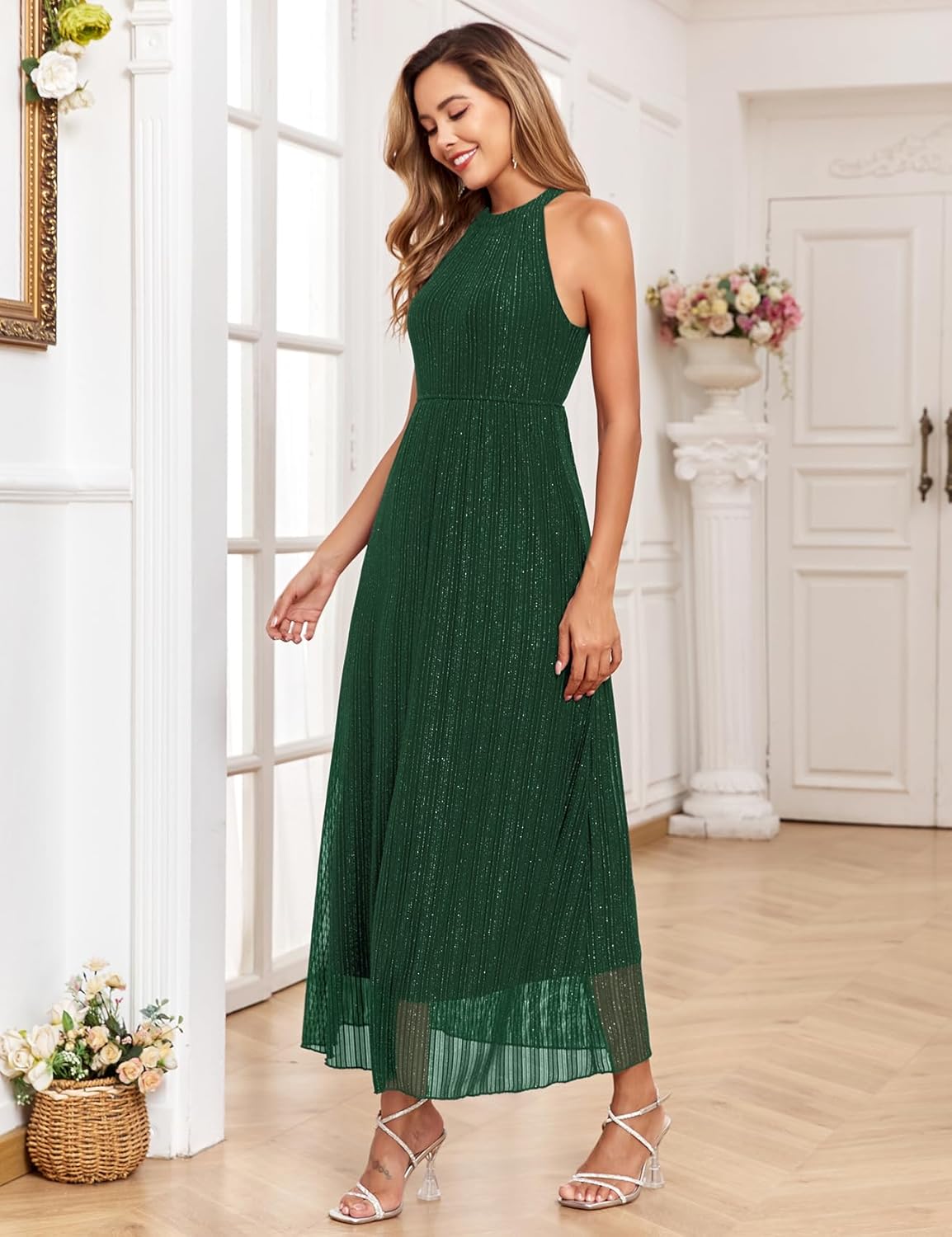 Maternity Sparkly Mesh Dress Halter Neck Sleeveless A Line Pregnancy Dresses Semi Formal Baby Shower Photoshoot