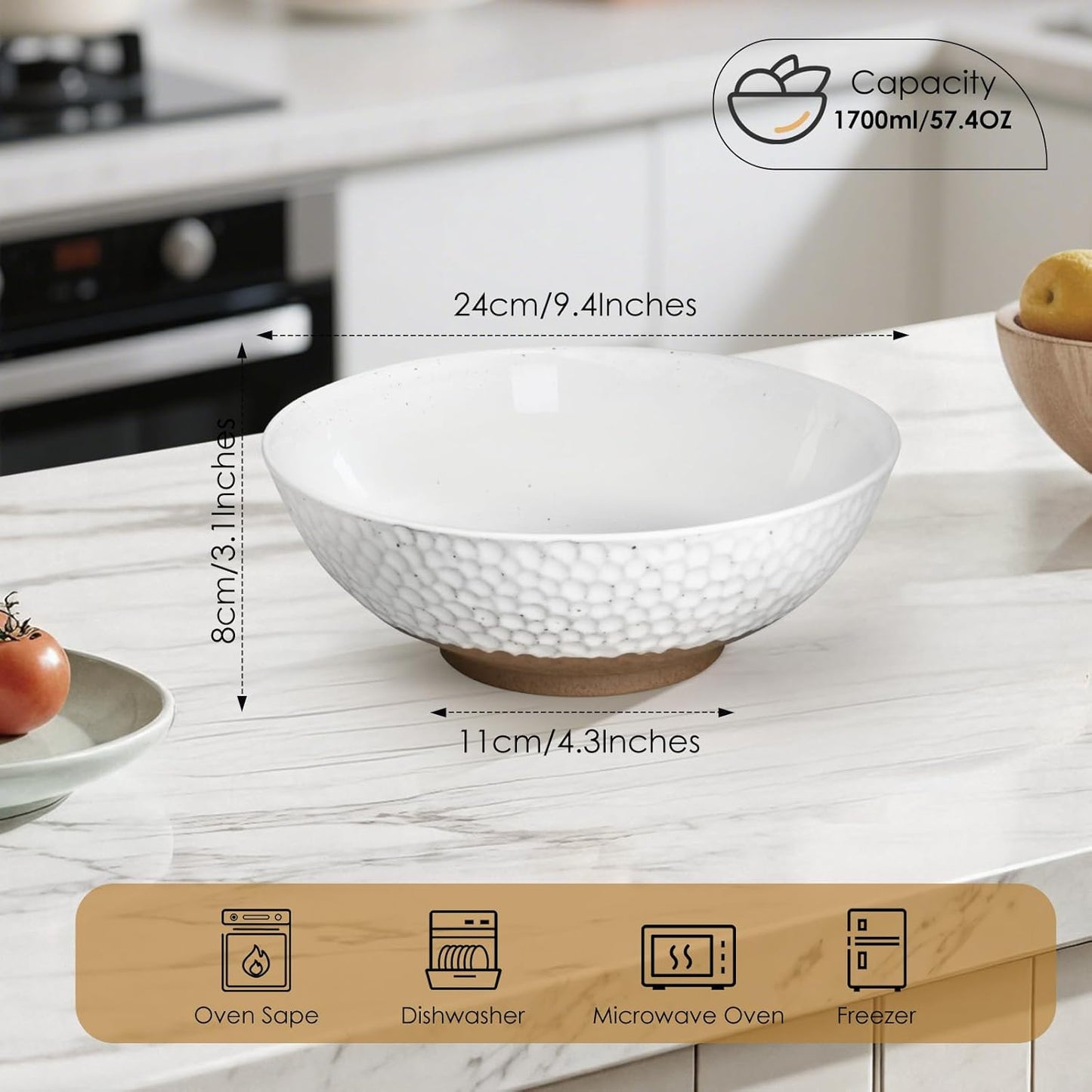 Wotalation Handmade Ceramic Large Serving Bowls, Salad Bowl set. Modern Kitchen Dishes for Dinner, Fruit, Salad. Oven, Dishwasher Safe, Vanilla White, 58 oz, 9.5" (1, 9.5“)