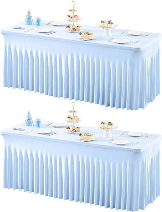 2 Packs Baby Blue Table Clothes for 4 Foot Rectangle Table, Spandex Tablecovers 4FT Stretch Fitted Table Covers Rectangle white Skirt for Baby Shower Birthday Party Event Wedding Banquet Decorations