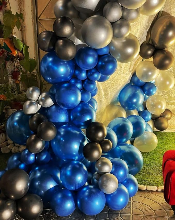 Royal Blue Black and Silver Balloons Garland Arch Kit, 162pcs Different Sizes with Black Royal Blue Metallic Silver Confetti Balloons for Birthday Anniversary 2025 Graduation Prom Party Decorations