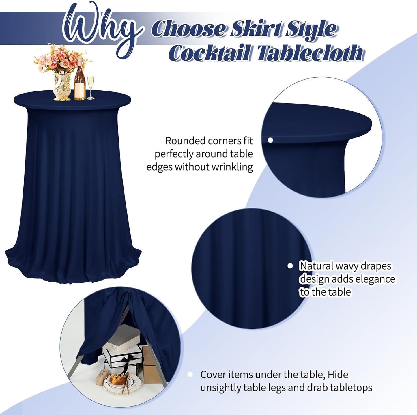 3 Packs Cocktail Table Covers Navy Blue Round Bar Table Cloth Dark Blue 32"x 43" Spandex Stretch High Top Table Covers with Wavy Drapes Fitted High Top Table Cloth for Party Wedding Banquet Bar Table