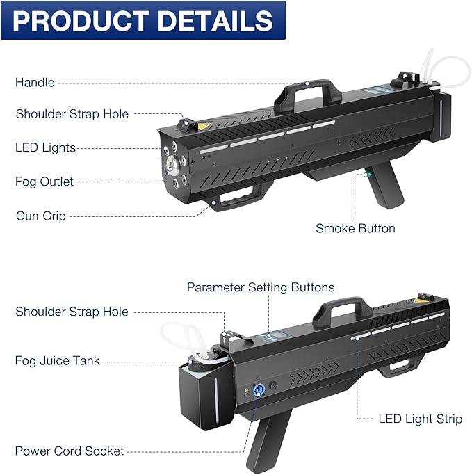 Handheld Fog Machine Gun for Party - 1500W Smoke Cannon with Color Changing Lights for DJ Events Concerts Parties Halloween Live Shows Stage Performances