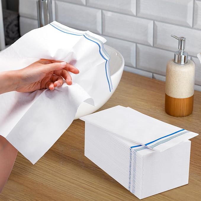 50 Disposable Paper Hand Towels for Bathroom, Decorative Linen Feel Guest Towels, Soft and Absorbent Paper Towels Napkins Bulk for Home Dinner Kitchen Wedding, 12" x 17"(Blue Trim Lined)