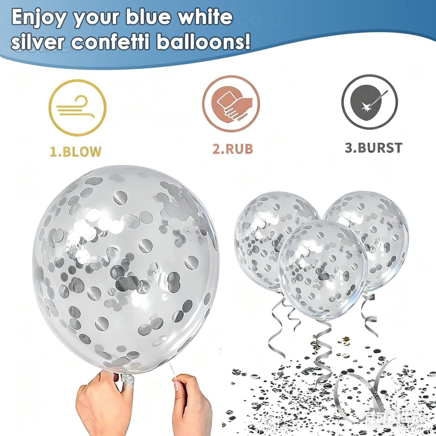 Blue White Silver Confetti Balloons, 50pcs 12 Inch Metallic Blue and Silver Balloons Clear White Confetti Latex Balloons for Birthday Wedding Anniversary Gender Revea Bridal Shower Party Decorations