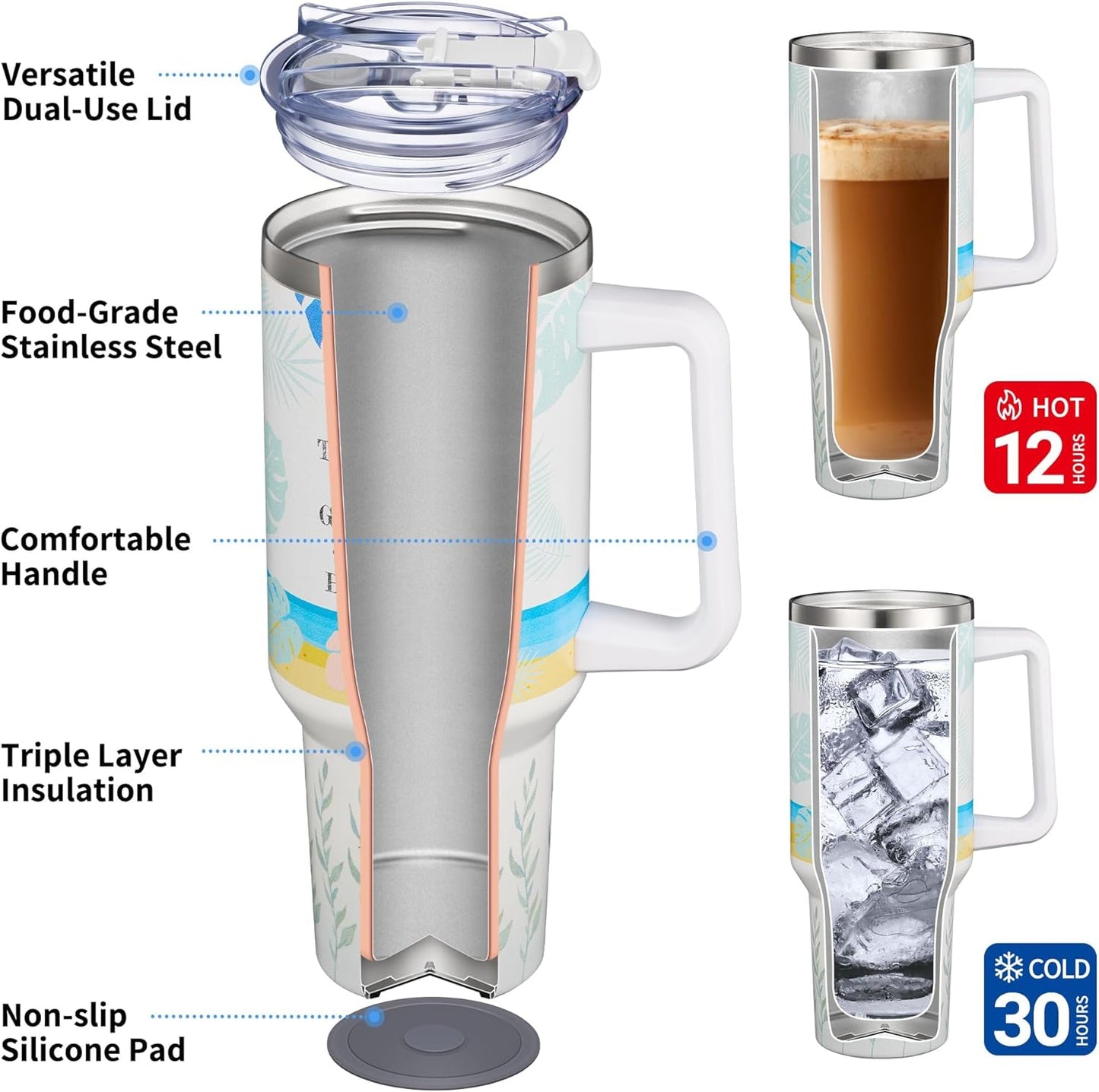 THILY 40 oz Stainless Steel Tumbler with Handle - Vacuum Insulated Travel Cup, Splash-Proof & Leakproof Lid, 2 Straws & Brush | Keeps Cold 34H/Hot 12H, Cupholder Friendly, Garden