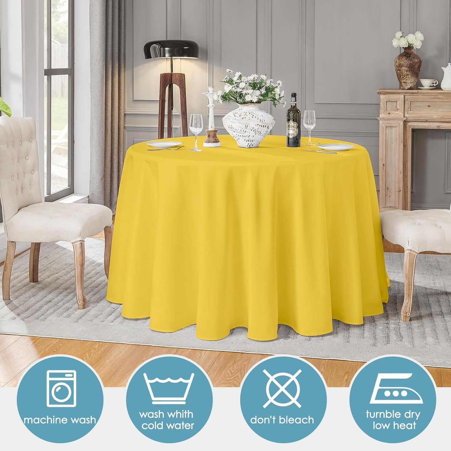 VidaFete Tablecloth 2 Pack 120inch Round Table Cloth Polyester, Stain Wrinkle Resistant Polyester Dining Table Cover for Kitchen Dinning Party Wedding Round Tabletop Buffet Decoration(Yellow)