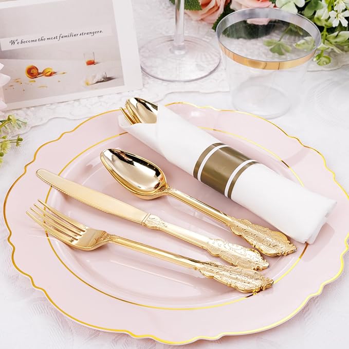 Liacere 175PCS Pink Plates Disposable - Pink and Gold Plates 25guest Baroque Plastic Dinnerware include 150Plates, 25Pack Pre Rolled Napkins with Silverware 25Cups Perfect for Easter Day