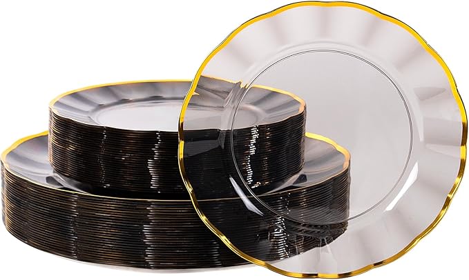 supernal 60Pcs Black and Gold Plastic Plates Heavy Duty Black Disposable Plates With Gold Rim,Elegant Clear Black Dinnerware For 30 Guests Perfect for Party,Birthday,Anniversary,New Year