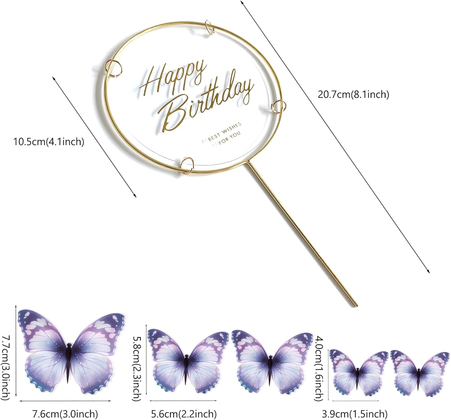 11-Piece Purple & Gold Butterfly Cake Toppers Set - Happy Birthday & Party Decorations
