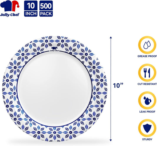 JOLLY CHEF 10 inch Disposable Paper Plates 500 Count, Soak Proof, Cut Proof, Heavy Duty Paper Plates for Everyday Use