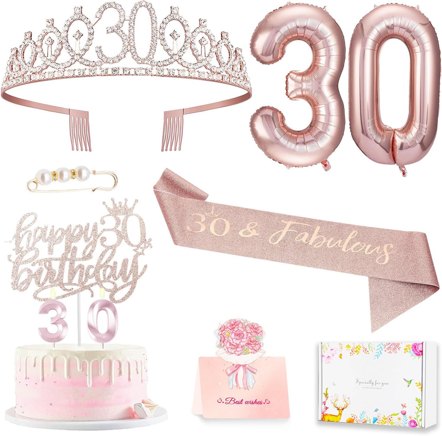 30th Birthday Decorations for Her, 30th Birthday Sash and Crown, Cake Topper and Candles, Pop Up Card, Number Balloons, 30 Year Old Gifts for Women, 10pcs