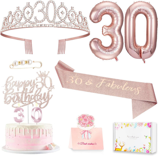 30th Birthday Decorations for Her, 30th Birthday Sash and Crown, Cake Topper and Candles, Pop Up Card, Number Balloons, 30 Year Old Gifts for Women, 10pcs