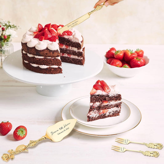 Personalized Wedding Cake Knife and Server Set Custom Cake Cutting Set Engraved Gold Cake Cutter Server Forks for Wedding Anniversary Engagement Birthday Gifts