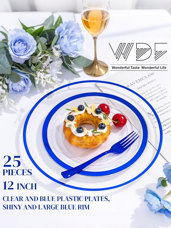 WDF 12 Inch Disposable Charger Plates - 25Pack Plastic Clear and Blue Charge Plates Perfect for Passover/Easter/Dinner/Wedding/Party/Elegant Tabletop Decor