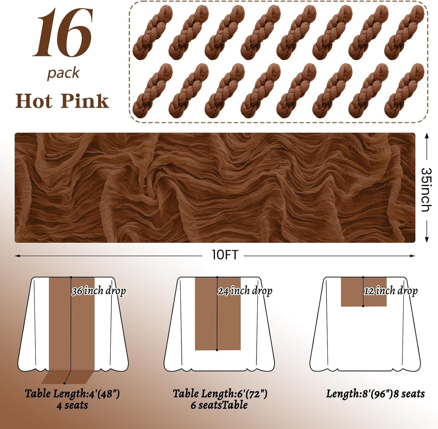 16Pack Brown Table Runner 10FT Cheesecloth Table Runner 35x120Inch Long Boho Cheese Cloth Table Runners Rustic Gauze Table Runners for Party Wedding Bridal Shower Baby Shower Decorations