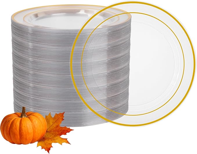 100Pcs Clear Plastic Dessert Plates, Thanksgiving Plates Disposable Salad Plate with Gold Rim, Premium Hard Fancy Small Plate, Heavy Duty Plastic Cakes Platos for Party, Wedding and Birthday