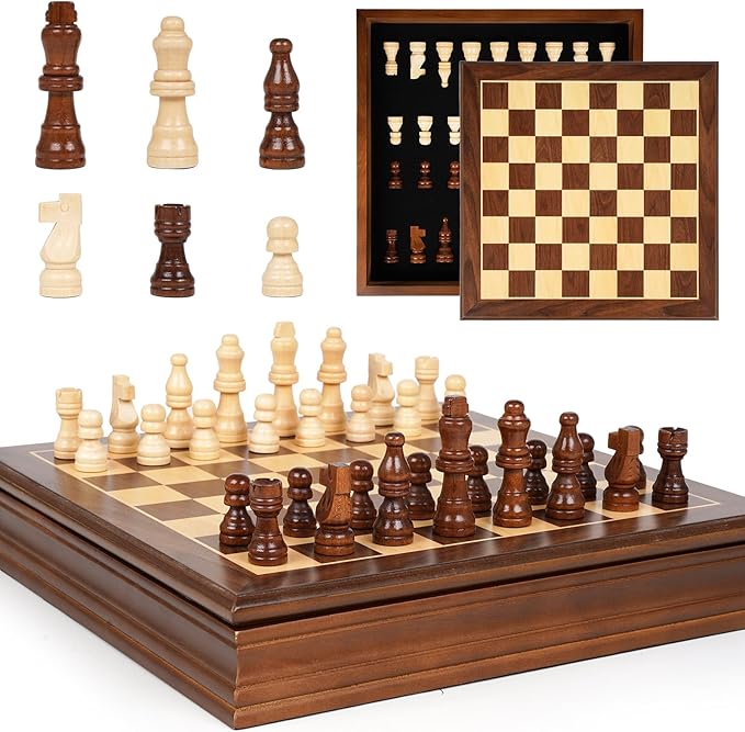 Magnetic Wooden Chess Set for Adults and Kids 12'' Chess Board with Handmade Magnetic Chess Pieces with 2 Extra Queens, Classic Strategy Game, Educational Board Game Gift
