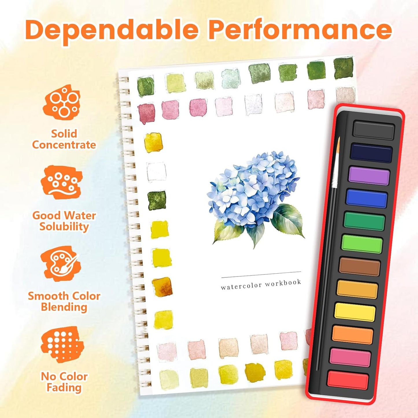 Watercolor Workbook, Water Coloring Book,Watercolor Paint Set, Beginner-Friendly Watercolor Workbooks, with 12 Colors Watercolor Paint Set with Paint Brush - Christmas Gift（Flower B）