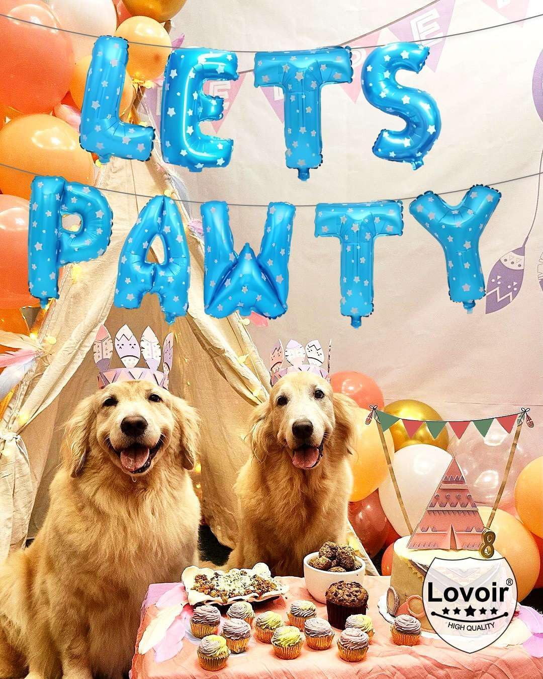 9 Pcs Lets Pawty Balloons Banner 16 Inch, Dog Cat Pet Birthday Letters Sign Lets Pawty Balloons Happy Birthday Banner for Pet Dog Cat Party Supplies Decorations (Star Blue)