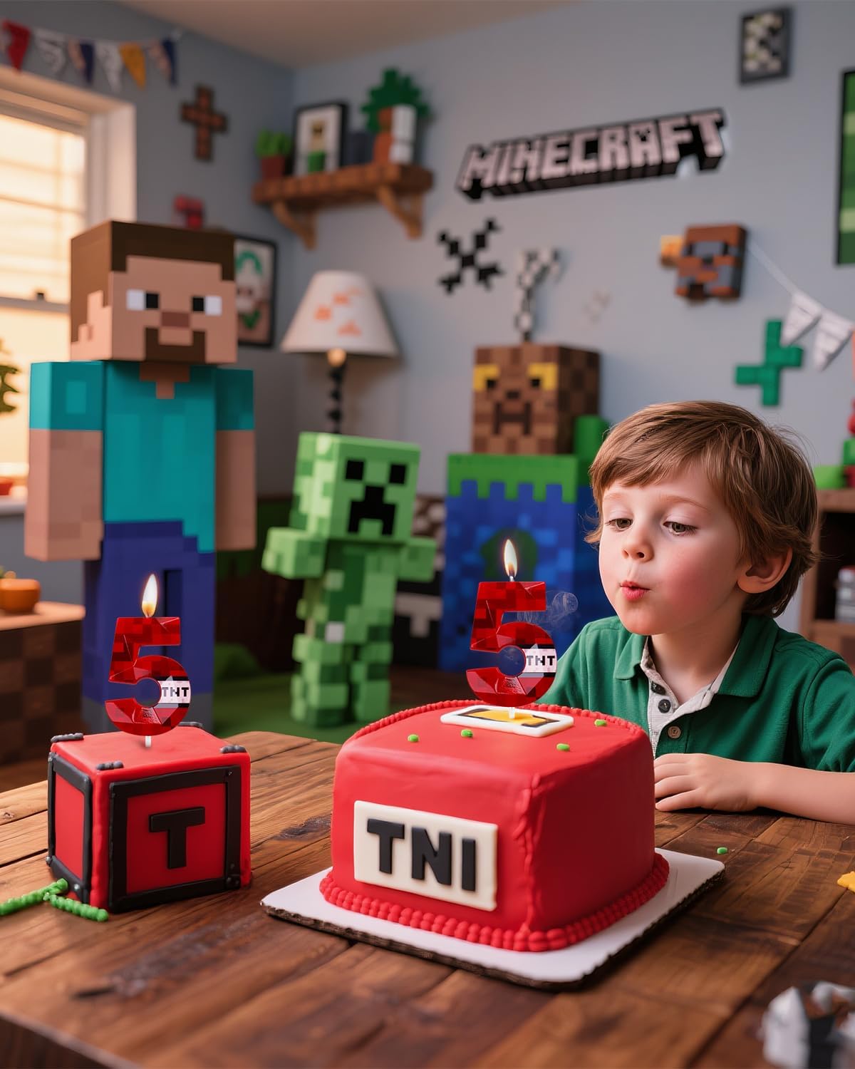 Pixel Birthday Candle, 2.68 Inch Miner Number Candles, Game Themed Candle Birthday Decoration for Pixel Theme Birthday Anniversary Dynamite Video Game Party (Red, 5)