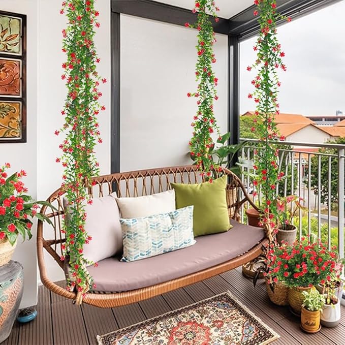 RECUTMS 3 Pack Artificial Spring Eucalyptus Garland Faux Hanging Eucalyptus Plants with Flowers Spring Fake Greenery Vines Garland for Spring Thanksgiving Home Wedding Mantle Wall Decor(Red)