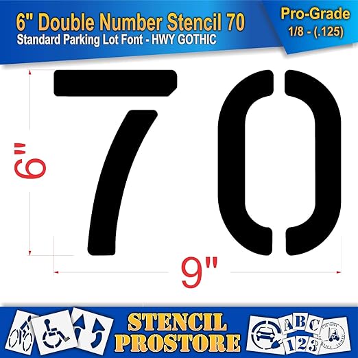 Pavement, Curb, and WheelStop Stencils - 6 inch Double Number Stencil - (70) - 6" x 9" x 1/8" (128 mil) - Pro-Grade
