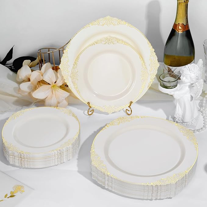 100 PCS Ivory and Gold Plastic Plates for 50 Guests, Gold Disposable Plates Include 50 PCS Dinner Plates, 50 PCS Dessert Plates for Party, Wedding and Graduation (100, Ivory White)