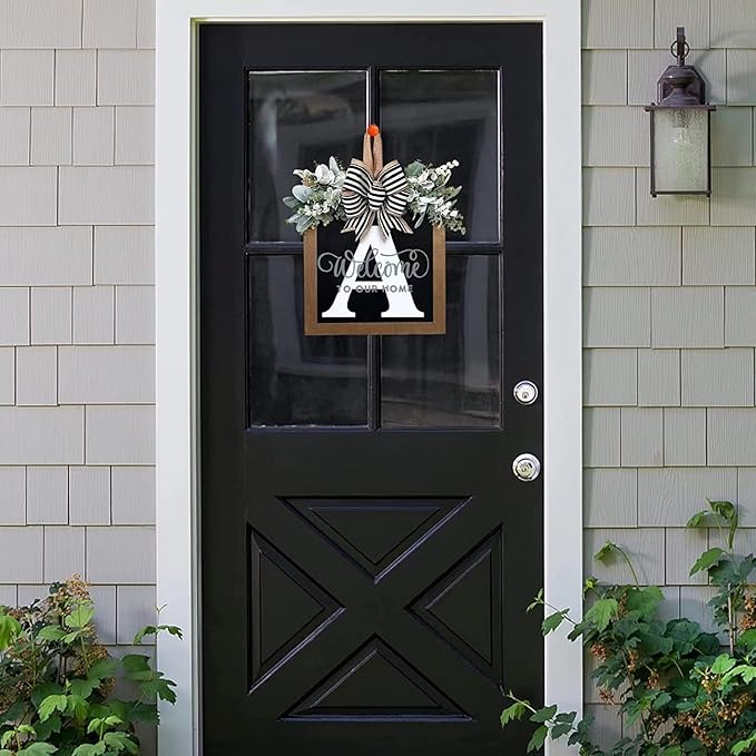 Last Name Year Round Front Door Wreath Front Porch Decoration 26 Letter Welcome Sign with Eucalyptus Garland and Bow Spring Wreaths for Front Door Outside Hanger Garland（A）