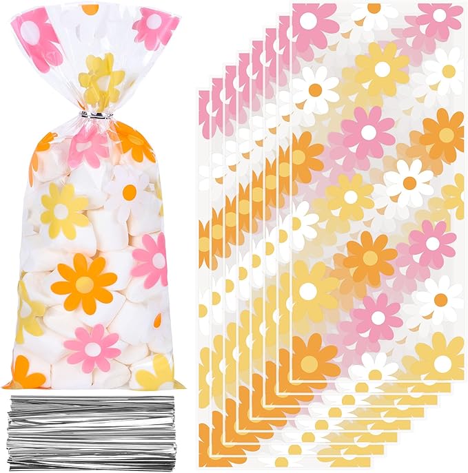 Whaline 100Pcs Groovy Daisy Cellophane Bags with Silver Twist Ties Retro Hippie Boho Party Treat Bag Colorful Flower Plastic Goodie Bags for Daisy Flower Birthday Baby Shower Wedding Party Favor