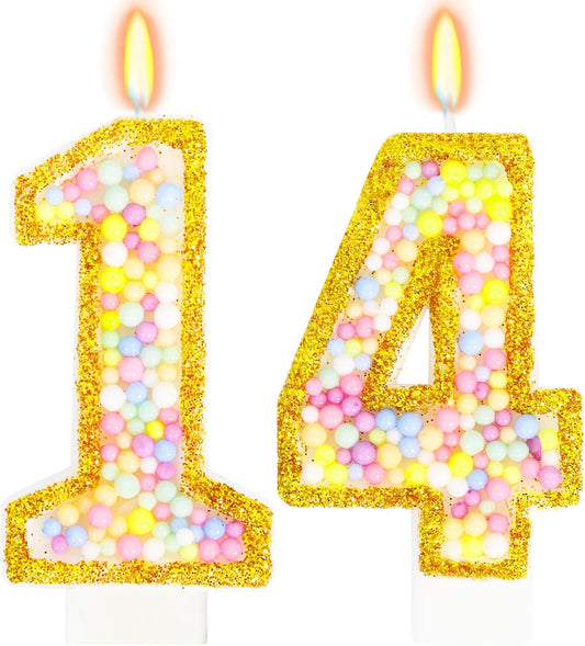 14th Birthday Candle for Cake, Colorful Macaron Numeral Candles for Girls/Boys, Birthday Party Cake Decorations, Golden Cake Topper for Birthday Party Supplies (Number 14)