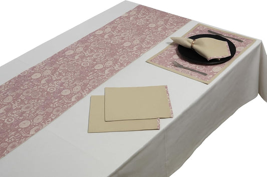 Indtresor Indian Heritage Fabric Cotton Table Linen Reversible Set Runner Napkins Mats in Pink Beige