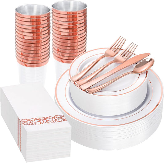 Supernal 200pcs Rose Gold Plastic Dinnerware included Disposable Flatware& Plastic Party Plates Disaposable Cups and Napkins,Perfect for Party,Birthday and Wedding
