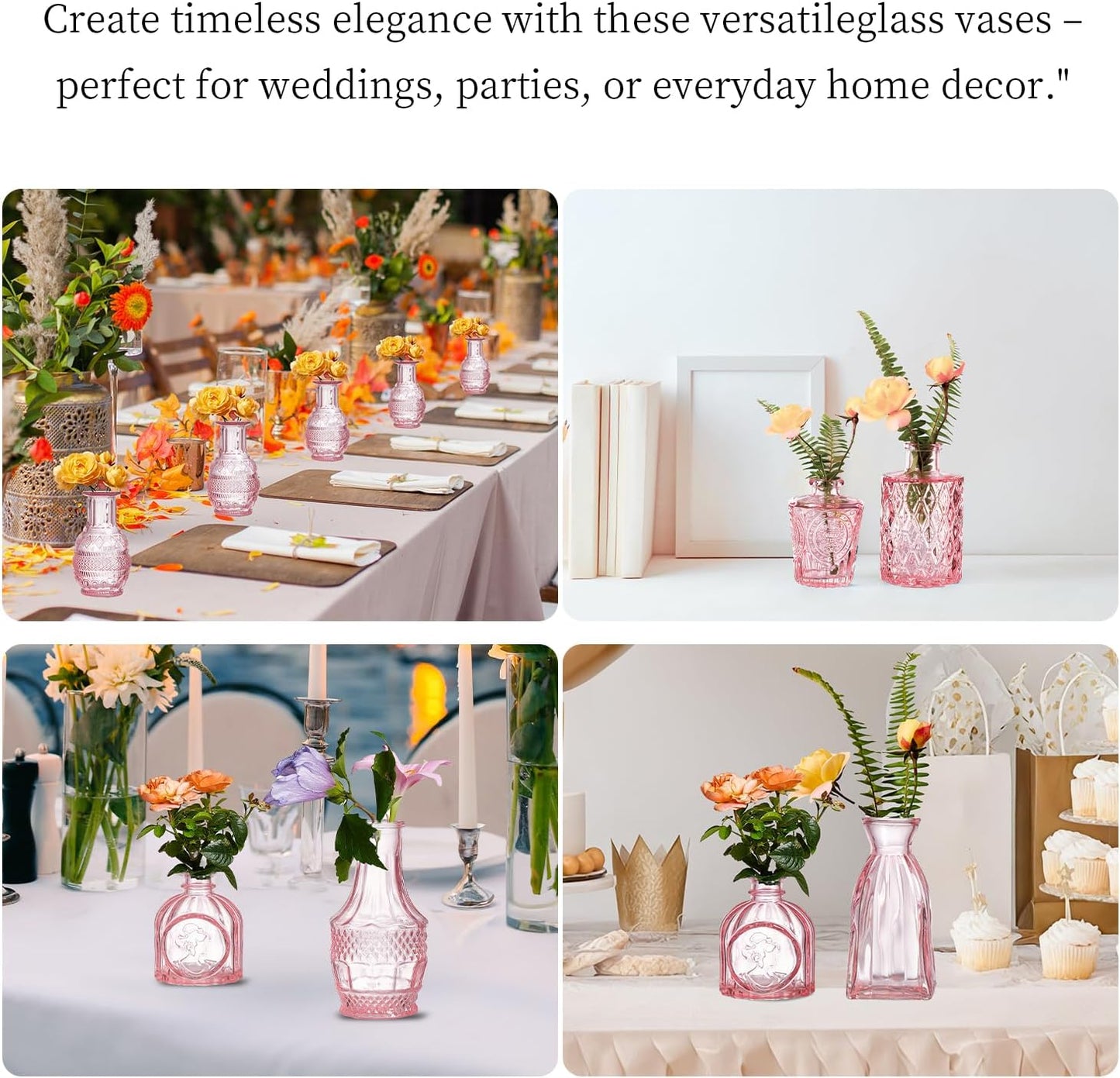 Glass Bud Vases Set of 32 - Pink Assorted Small Mini Glass Vases for Flowers, Crystal Vintage Vase Set, Bulk Centerpieces for Table Décor, Wedding, Home and Events (Pink, 32 Pcs)