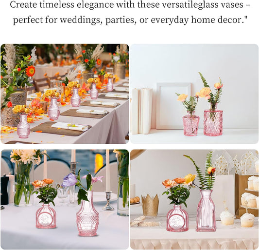 Glass Bud Vases Set of 16 - Pink Assorted Small Mini Glass Vases for Flowers, Crystal Vintage Vase Set, Bulk Centerpieces for Table Décor, Wedding, Home and Events (Pink, 16 Pcs)