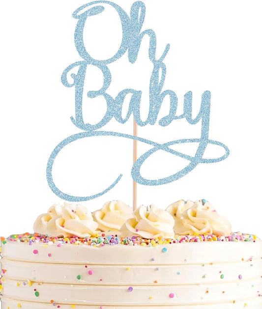Oh Baby Cake Topper - Light Blue Glitter Baby Birthday Party Cake Decoration Supplies, for Baby Shower/Gender Reveal Party Photo Booth Props