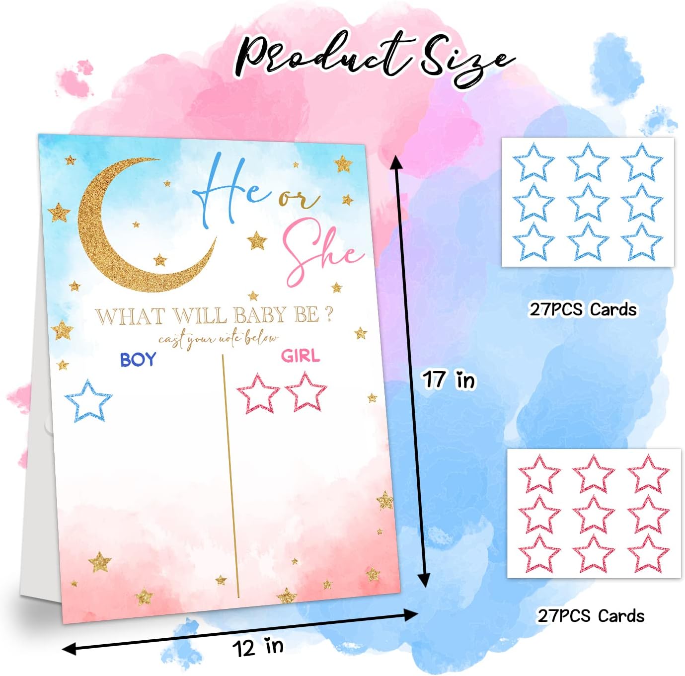 LNOKRIM Gender Reveal Party Games, Twinkle Little Star Theme Baby Gender Reveal Voting Board Sign, 48 Boy Girl Voting Stickers, He or She, Gender Reveal Party Centerpiece Decorations (12x17)
