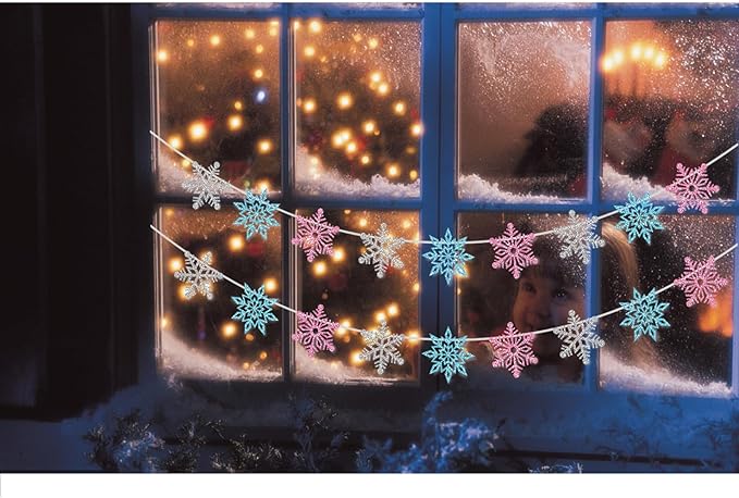 2 Pcs Silver Glitter Snowflake Banner, Snowflake Winter Party Decorations, Snowflake Garland Christmas Party Decorations (Pink)