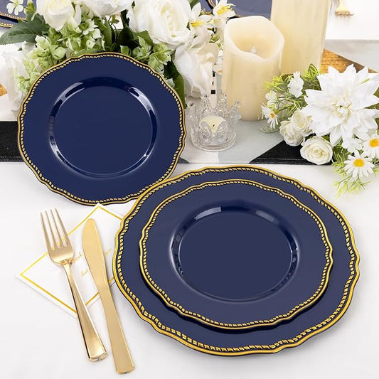 Hioasis 60pcs Blue Plastic Plates - Blue and Gold Disposable Dinnerware with Gold Rim, Heavy-duty, 7.5 inch, Dessert Plates for Party & Christmas