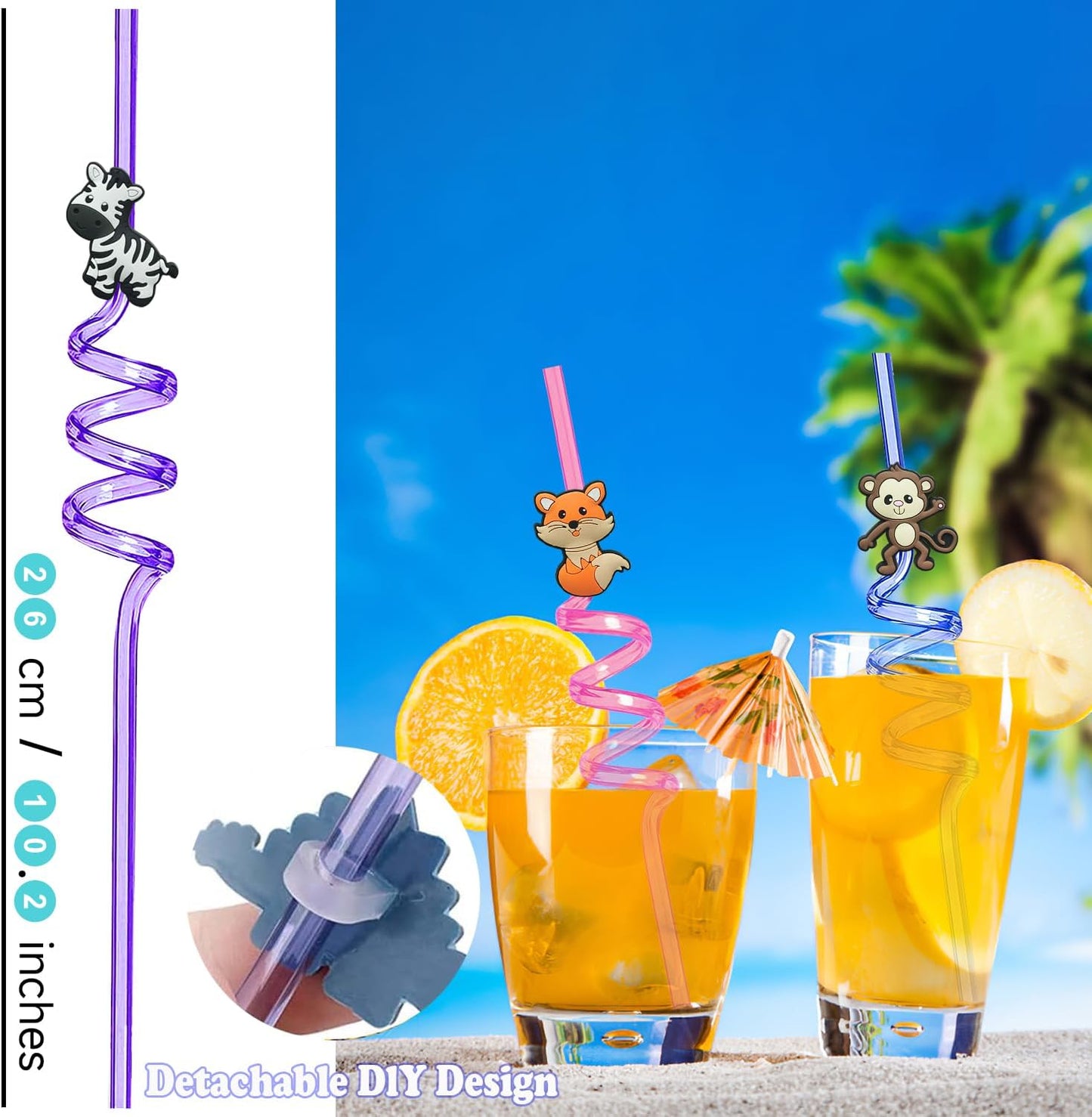 24 PCS Reusable Safari Straws Party Favors, Plastic Jungle Animal Swirly Drinking Straws for Kids Woodland Party Decorations Supplies Lion Fox Zebra Giraffe with Clean Brushes