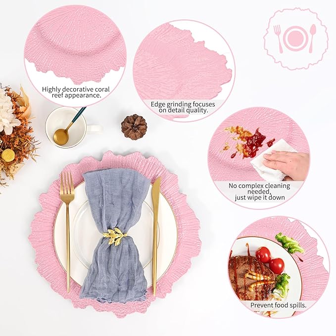 Pesonlook 24Pcs Pink Charger Plates Round 13inch, Reef Plate Chargers for Dinner, Bulk Plastic Floral Table Charger Plates for Dinner Wedding Party Event Table Setting Decoration(Pink)