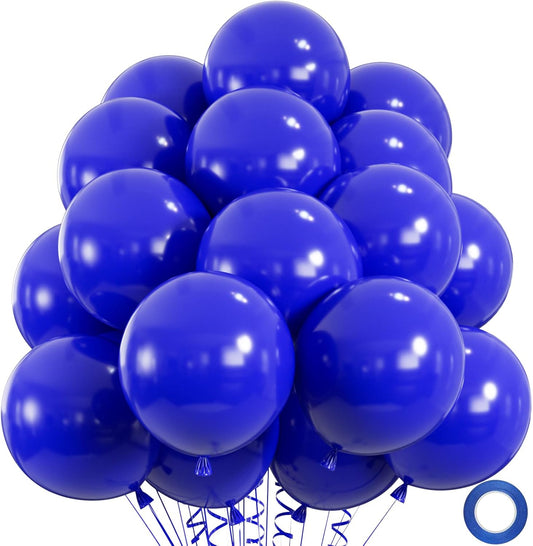 50pcs Royal Blue Balloons, 12inch Helium Quality Dark Blue Party Balloons for Birthday Graduation Baseball Party 4th of July Backdrops (with Ribbon & Glue)