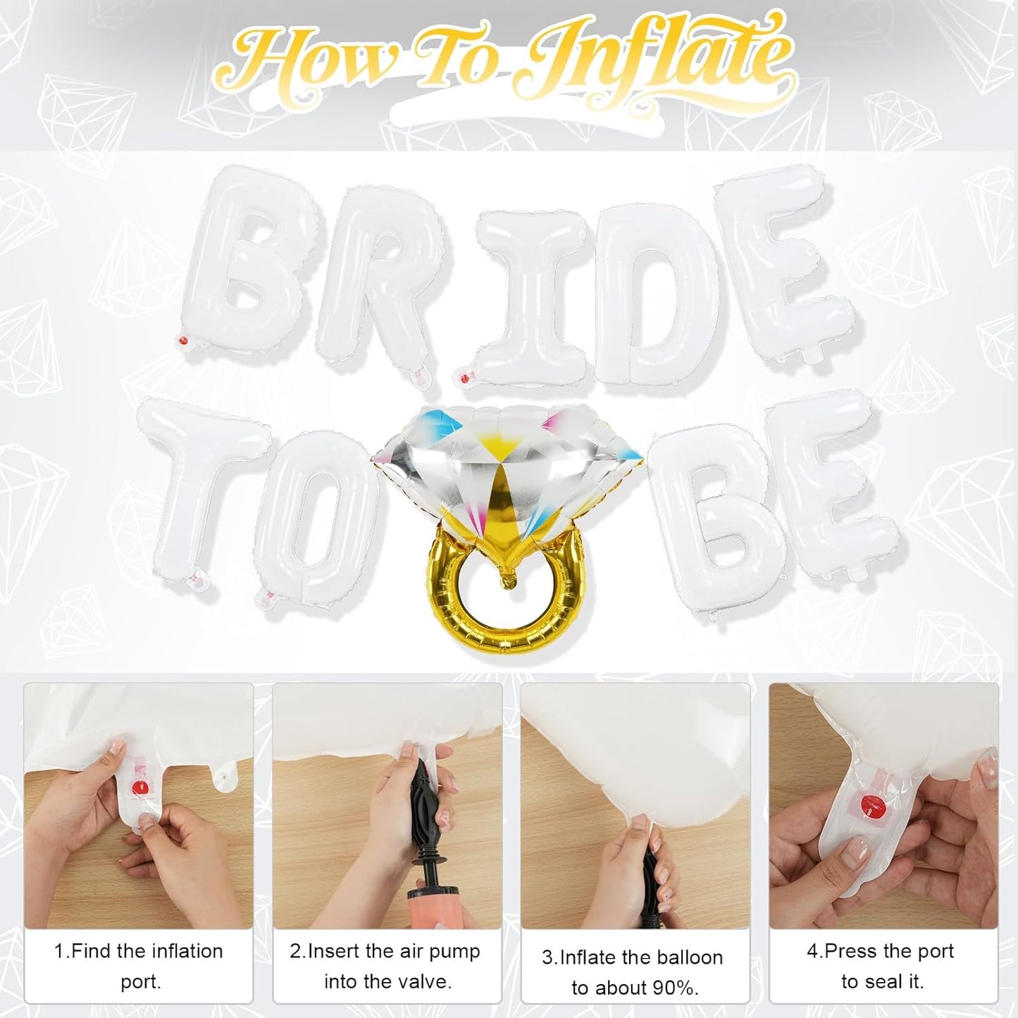 Bachelorette Party Decorations, White Bride To Be Bridal Shower Letter Balloons Banner with Diamond Ring Mylar Foil Balloon for Engagement Wedding Photo Booth Hen Night Room Party Decor