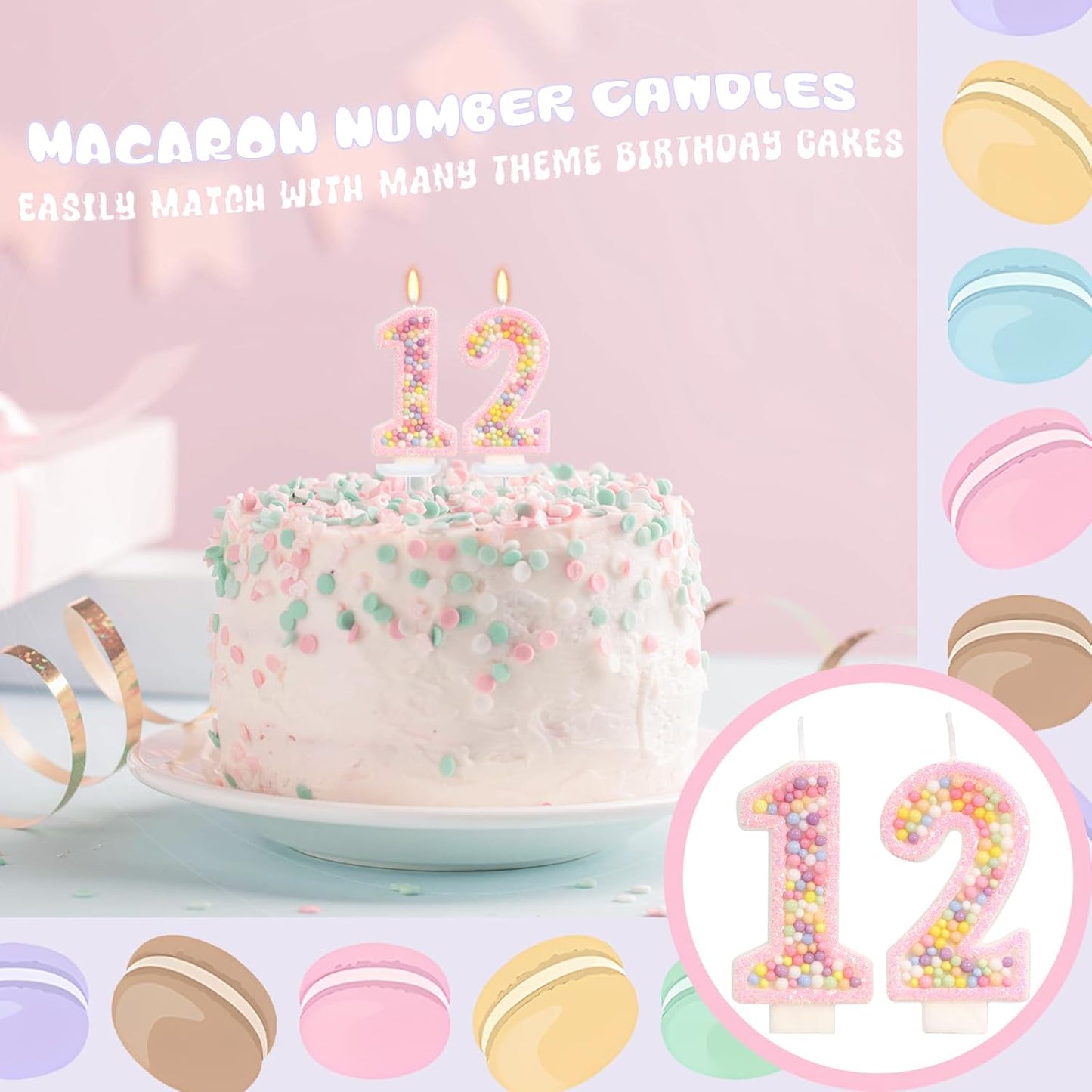 Birthday Candles - Number 12 Candle, Colorful Macaron Candles, 12 Birthday Decorations for Girl, Sweet Cake Decorations, Sweet Theme Party Supplies (Pink)