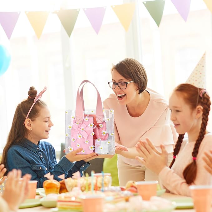 Whaline 12Pcs Daisy Clear PVC Gift Bags with Pink Handle Cute Flower Reusable Transparent Treat Bags for Mother's Day Baby Shower Wedding Birthday Bridesmaid Party Favor